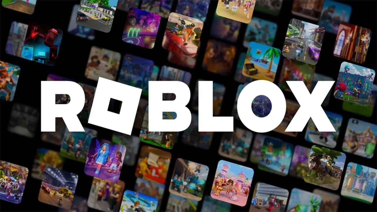 Collage of diverse Roblox game thumbnails showcasing various virtual worlds and activities, with the 'ROBLOX' logo centered in large white letters.