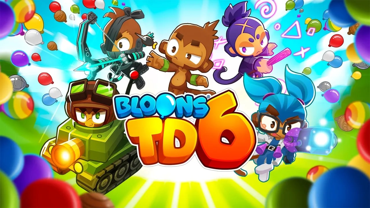 Promotional artwork for the game Bloons TD 6, featuring colorful animated monkey characters equipped with various weapons, engaging in battle amidst a backdrop of vibrant, floating balloons.