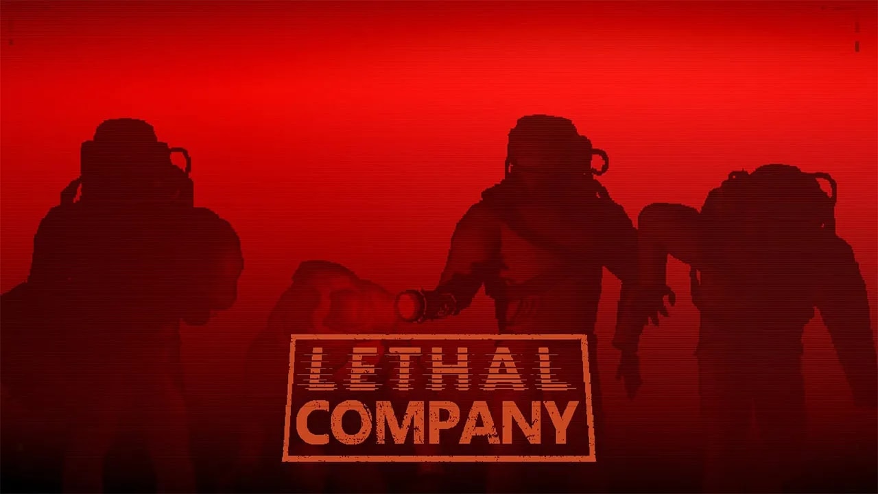 Silhouetted figures equipped with tactical gear move through a red-toned, foggy background, with the text 'Lethal Company' prominently displayed in the foreground.