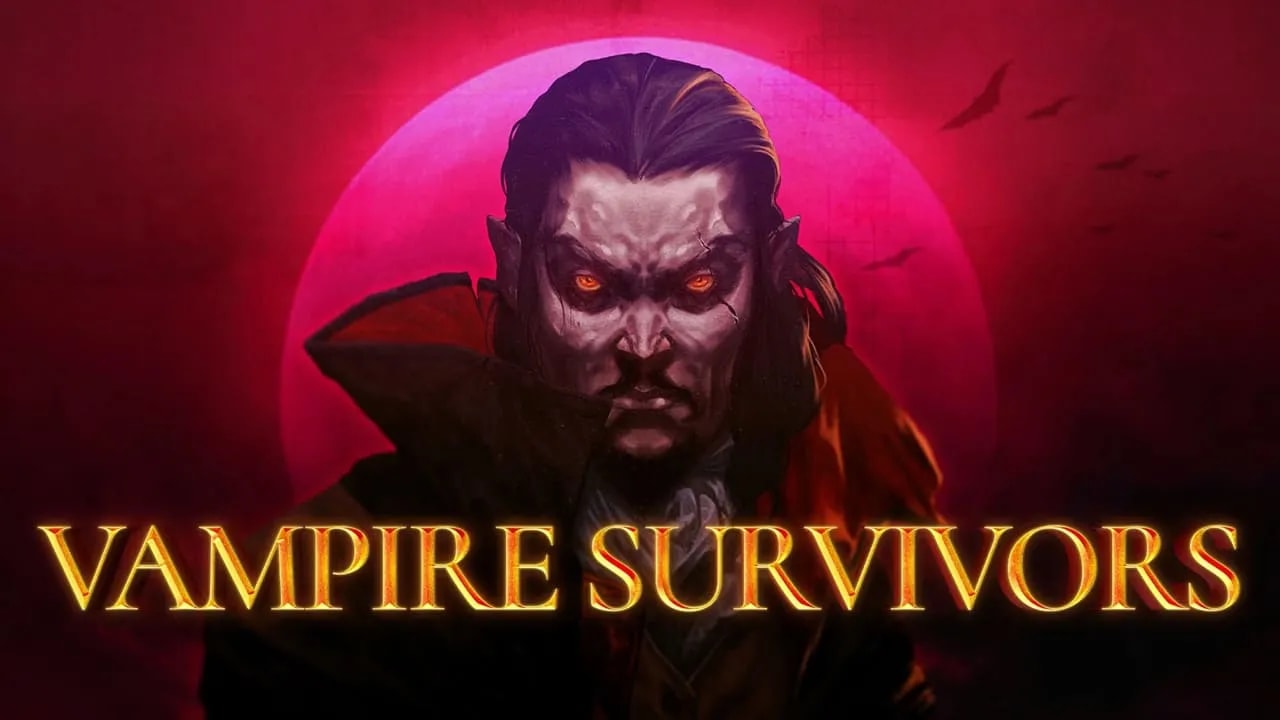 Thumbnail for the video game Vampire Survivors, featuring a vampire on a red background and the Vampire Survivors logo in front.