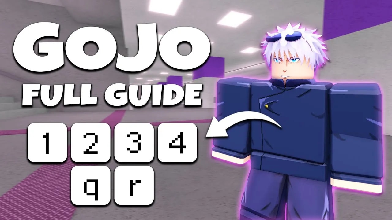 Image displaying a character resembling Gojo in a Roblox game setting, highlighted with text overlays that read 'Gojo Full Guide' and keys '1 2 3 4 Q R'. The character has white hair, blue eyes, and wears a dark blue outfit, positioned against a purple and white corridor background.