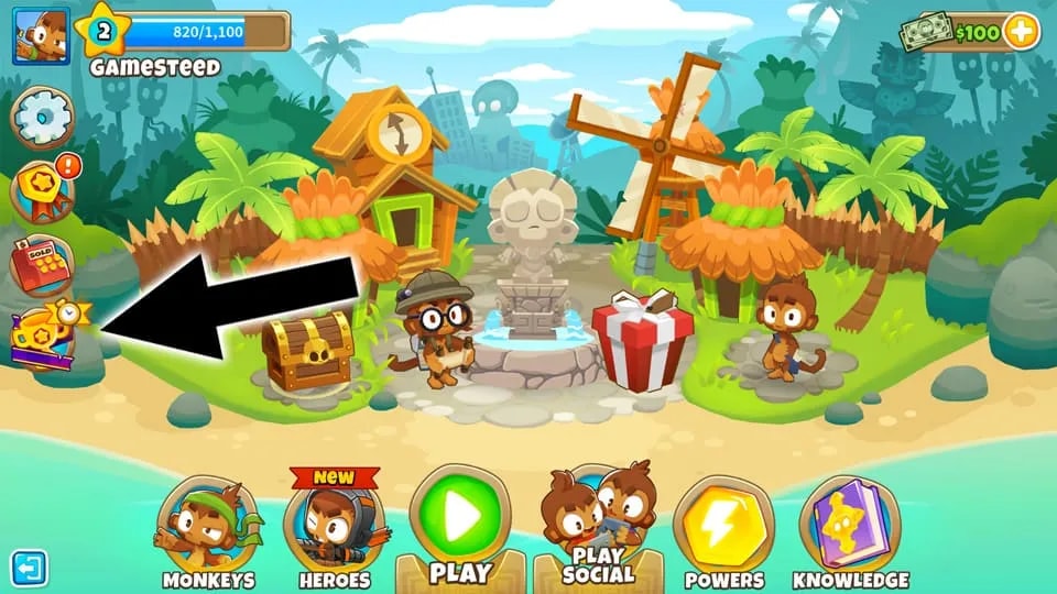 The main menu of the videogame BTD6, short for Bloons Tower Defense 6, with an arrow pointing towards the Store button