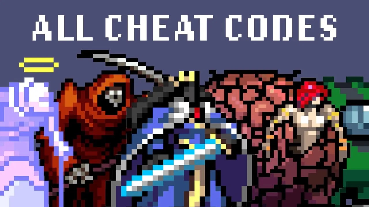 Text saying "All cheat codes" featuring images of the characters Ramba, Red Death, Queen Sigma, Leda and Shapeshifter from the game Vampire Survivors