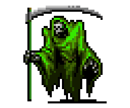 This image shows a pixel art character from the game "Vampire Survivors," styled as a menacing figure in green robes. The character's face is hidden within the hood. It wields a large scythe, suggesting a grim reaper-like persona.