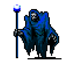 This image depicts a pixel art character from the game "Vampire Survivors," featuring a hooded figure clad in blue robes. The character's face is mostly hidden. It wields a staff topped with a blue glowing orb, enhancing its mystical appearance.