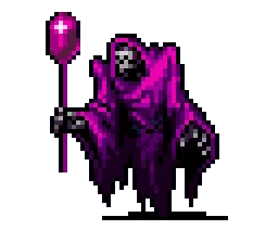 This image features a pixel art character from the game "Vampire Survivors." The character is cloaked in purple robes with visible skeletal hands and wears a hood that obscures most of its face. It holds a glowing pink orb on a stick, resembling a magical staff or a wand.