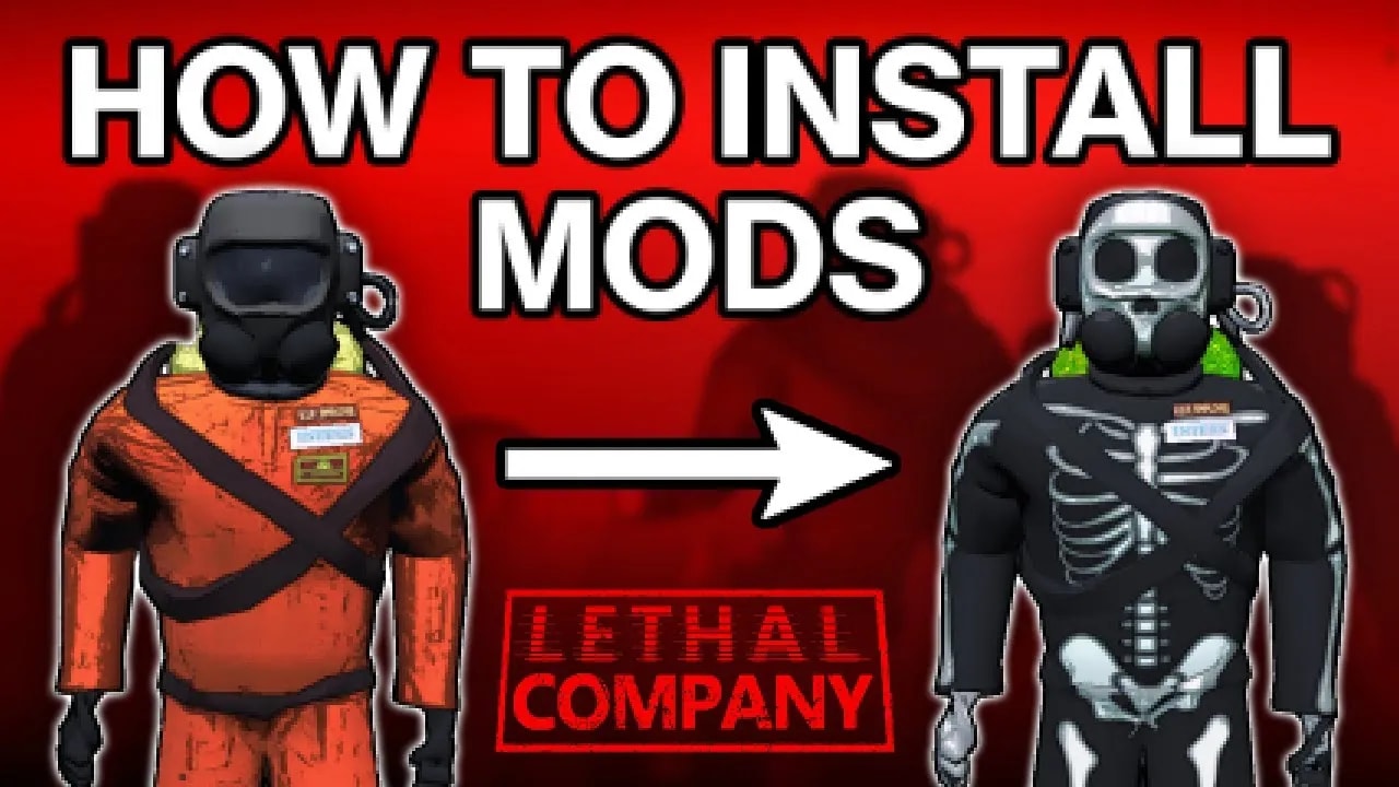 This image features a tutorial graphic for installing mods in a video game. On the left, there is an illustration of a character in an orange jumpsuit with a gas mask, labeled "ORIGINAL." On the right, a character in a black jumpsuit with skeletal prints and a similar gas mask appears under the label "MODDED," indicated by an arrow between the two figures pointing right. The background is red with the text "HOW TO INSTALL MODS" prominently displayed at the top and "LETHAL COMPANY" at the bottom.