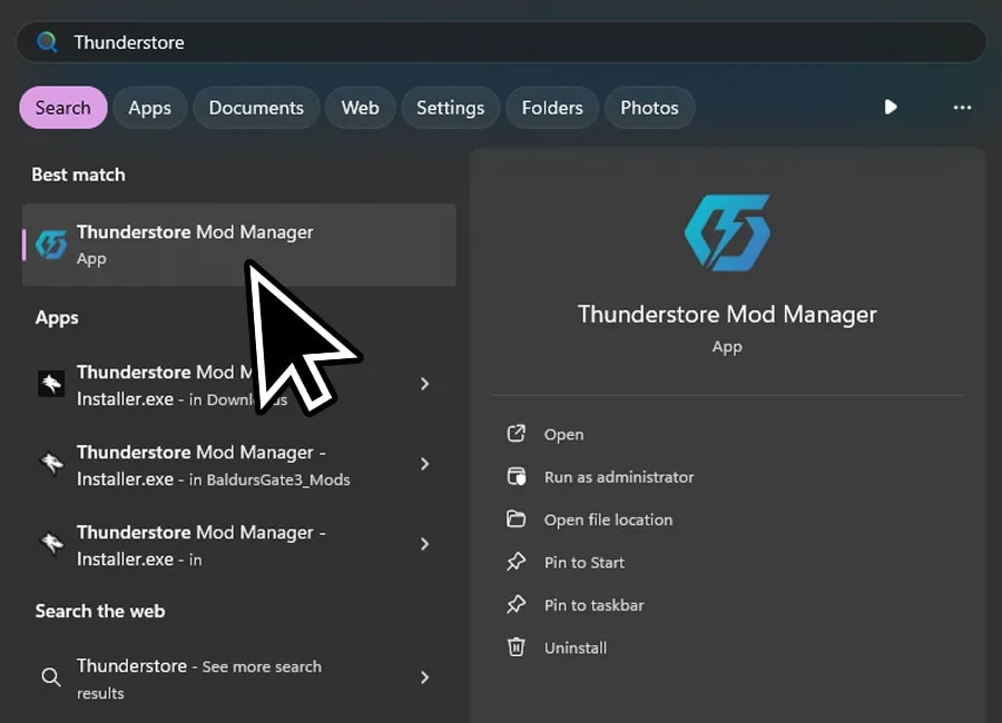 Search result interface showing 'Thunderstore Mod Manager' as the best match with its app icon and options such as Open, Run as administrator, Open file location, Pin to Start, Pin to taskbar, and Uninstall. The search is conducted within a modern operating system's interface with tabs for Apps, Documents, Web, Settings, Folders, and Photos at the top.