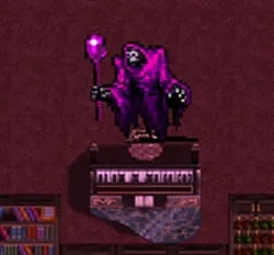 This image features a pixel art scene from the game "Vampire Survivors," where the cloaked purple character previously seen is depicted standing next to a piano. The character, wearing purple robes and holding a glowing pink orb on a staff, is set against an indoor setting with a brown floor and dark red walls, surrounded by bookshelves.