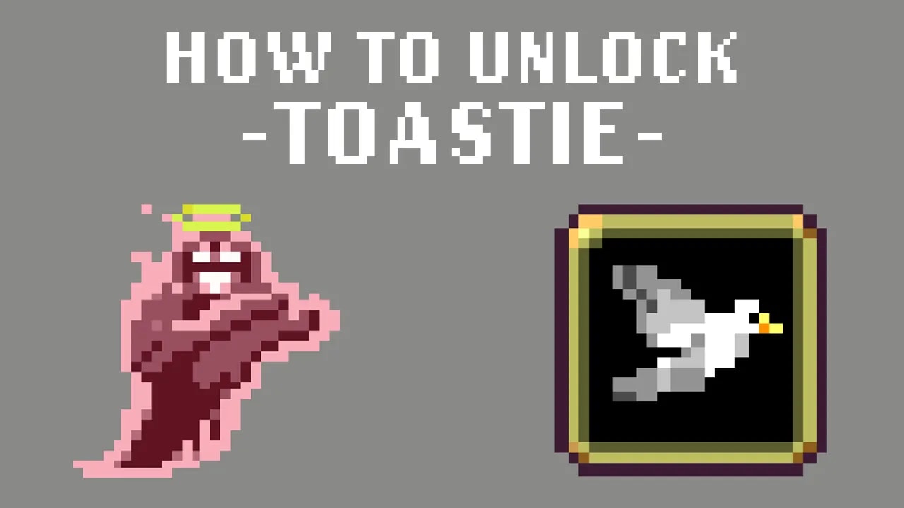 Pixel art graphic showing how to unlock 'Toastie' in the game Vampire Survivors. The image features a stylized pixelated pink ghost wearing a yellow halo on the left and a white pixel art duck in flight displayed in a golden-framed book on the right, with the title 'How to Unlock -Toastie-' in large white pixel font on a grey background.