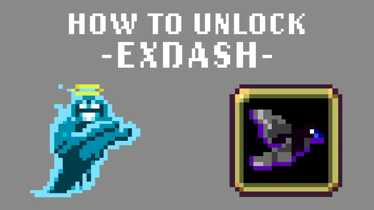 Pixel art graphic displaying how to unlock 'Exdash' in the game Vampire Survivors. The image features a stylized pixelated ghost with a blue aura and yellow halo on the left, and a purple and black pixel art book on the right, with the title 'How to Unlock -Exdash-' in large white pixel font against a grey background.