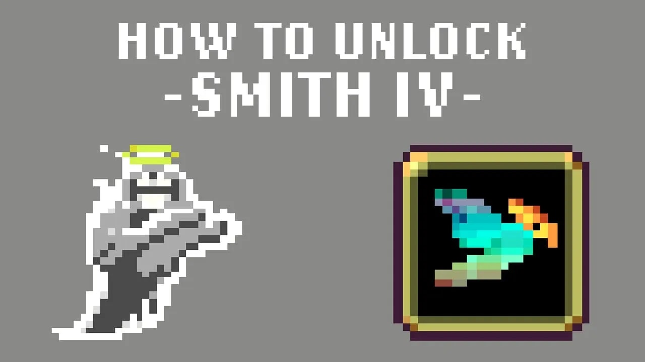 Pixel art graphic showing how to unlock 'Smith IV' in the game Vampire Survivors. The image features a stylized pixelated white/grey ghost wearing a yellow halo on the left and a mullticolored bright pixel art duck in flight displayed in a golden-framed book on the right, with the title 'How to Unlock -Smith IV-' in large white pixel font on a grey background.