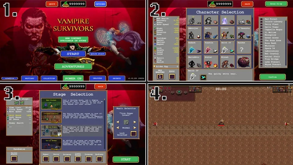 4 different screens from the game "Vampire Survivors". The first screen is in the main menu, the second screen is the character selection, the third is the stage selection and the fourth one is inside a run on the Inlaid Library map. All of the screens are marked from 1 to 4, to indicate their order.