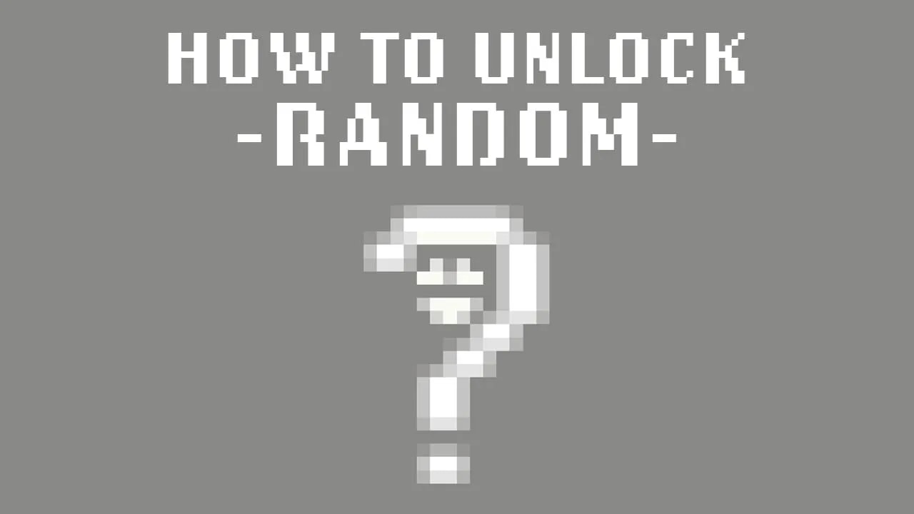 Pixel art graphic showing how to unlock 'Random' in the game Vampire Survivors. The image features a stylized pixelated white question mark ghost, with the title 'How to Unlock -Random-' in large white pixel font on a grey background.