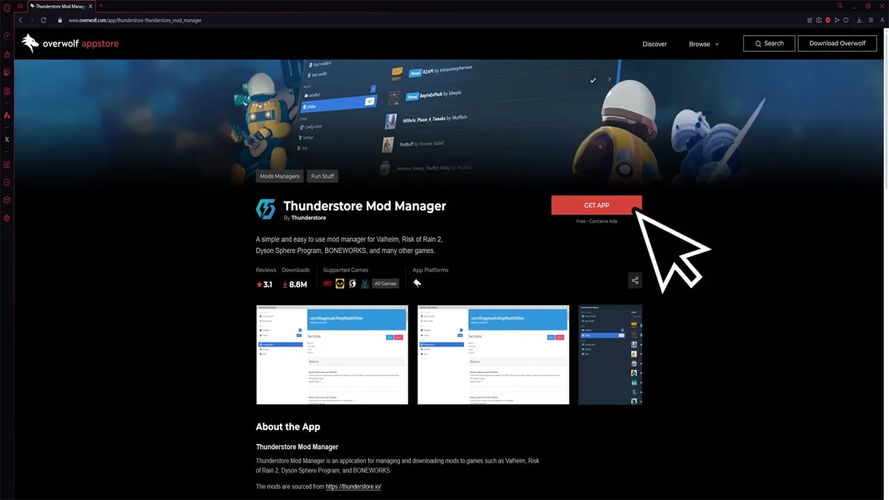 Screenshot of the Thunderstore Mod Manager page on the Overwolf app store, displaying its description and key features for managing mods in games like Valheim and Risk of Rain 2. The background shows animated characters in a game setting, emphasizing the gaming context of the app.