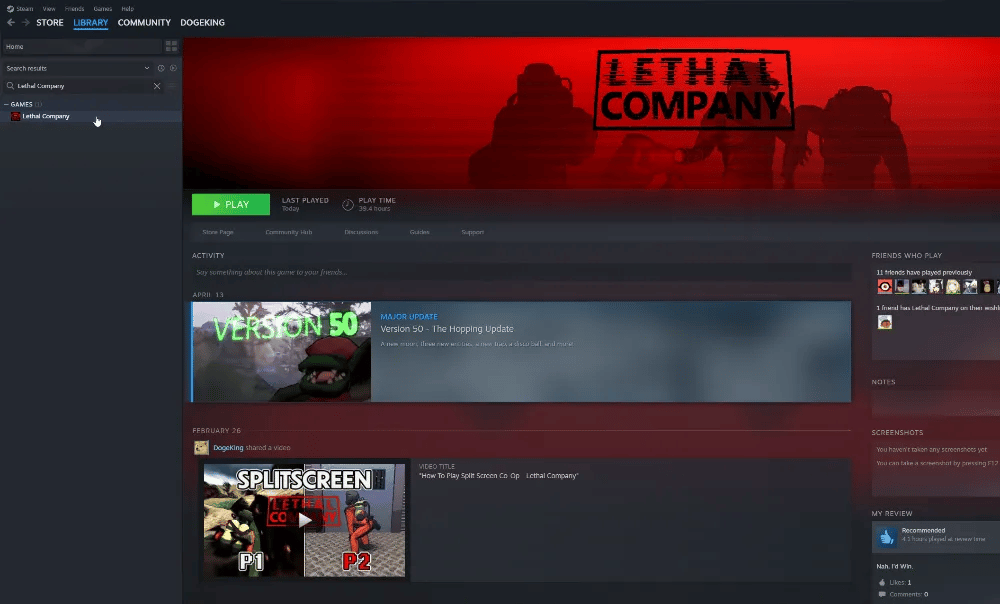 Animated view of a computer screen navigating the game directory for 'Lethal Company' within the Steam platform. The window shows various game files listed in the directory, including executables and configuration files, under a folder path in the local disk. On the right, Steam's user interface displays the game's library page for 'Lethal Company' with options like 'Community' and 'Store' visible, alongside user stats showing friends who have played the game.