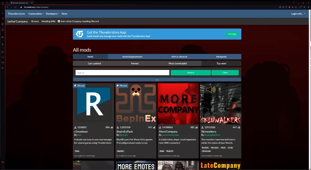 Screenshot of the Thunderstore website displaying the mod library for the game Lethal Company. The page showcases various mod categories such as Mods, Asset Replacements, APIs & Libraries, and Modpacks with sorting options for last updated, newest, most downloaded, and top-rated. Featured mods include 'BepInExPack', 'MoreCompany', and 'Skinwalkers', each with visual thumbnails and basic statistics like download count and update status.