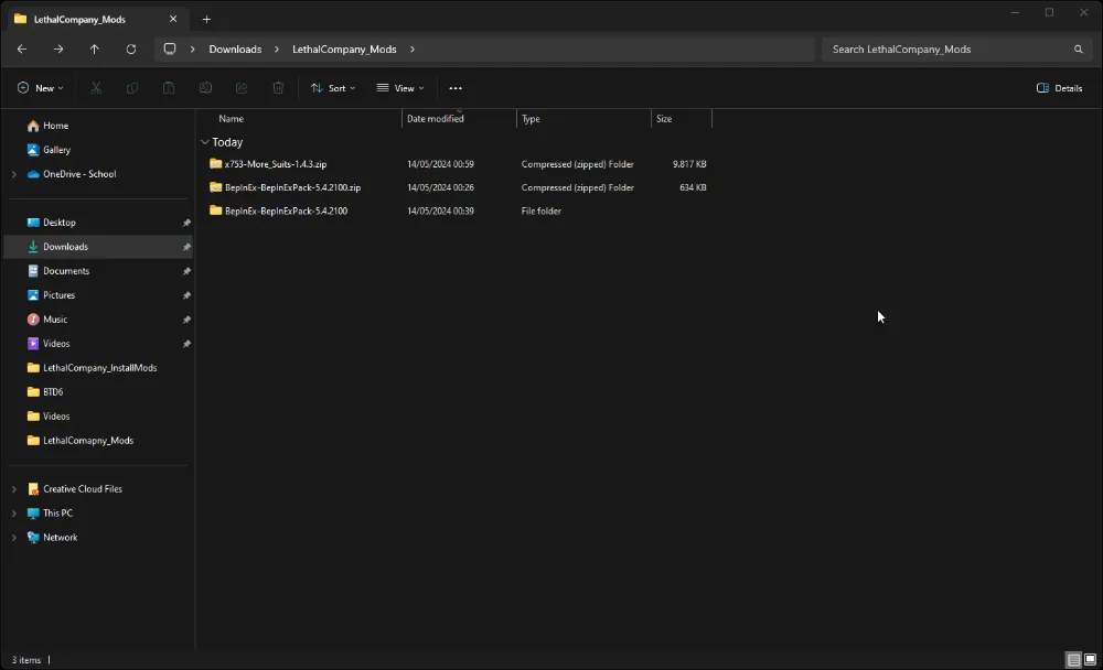 Animated WebP showing the extraction of the 'x7533-More_Suits-1.4.3.zip' mod file within the 'LethalCompany_Mods' directory. The animation details the transition from a compressed file to a fully extracted folder, displaying the new subfolders and files added to the directory. The previously mentioned 'BepInEx-BepInExPack-v5.4.2100' mod folder is also visible, indicating multiple mod installations in progress.