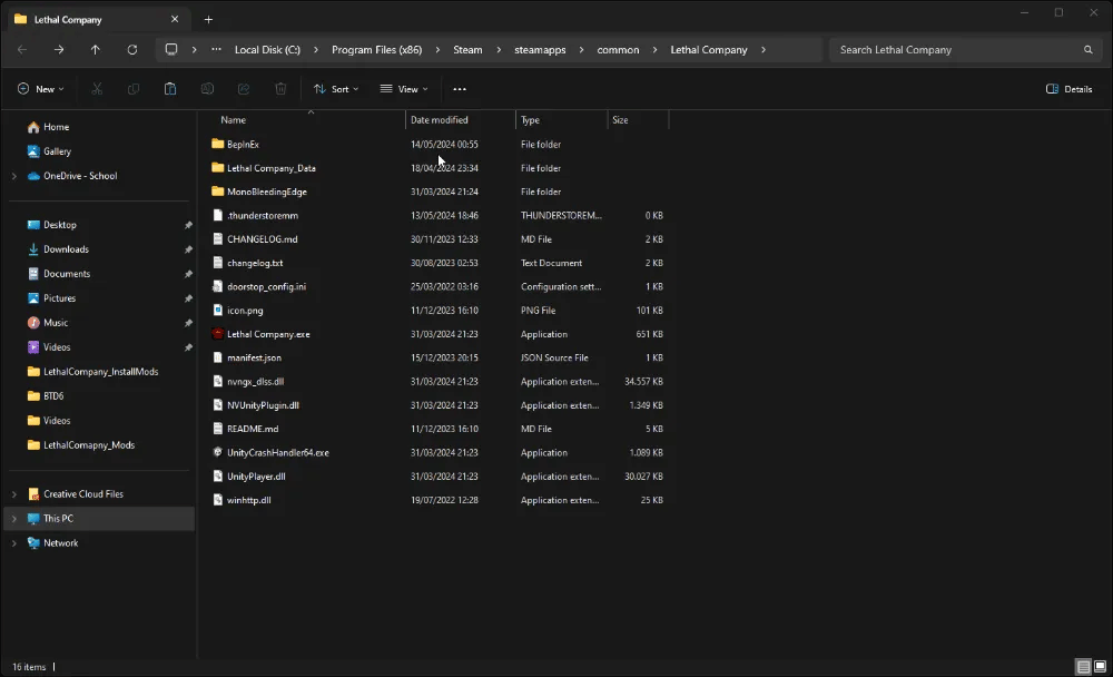 Animated WebP illustrating the process of pasting the previously extracted 'More Suits' mod files into the 'Lethal Company' game directory located in the Program Files (x86) on a Windows system. The animation shows files being moved from the download directory into the game's folder, specifically into the 'BepInEx' subfolder, which contains plugin files necessary for mod functionality. The file list includes essential game files such as executables and configuration files, highlighting ongoing mod management.