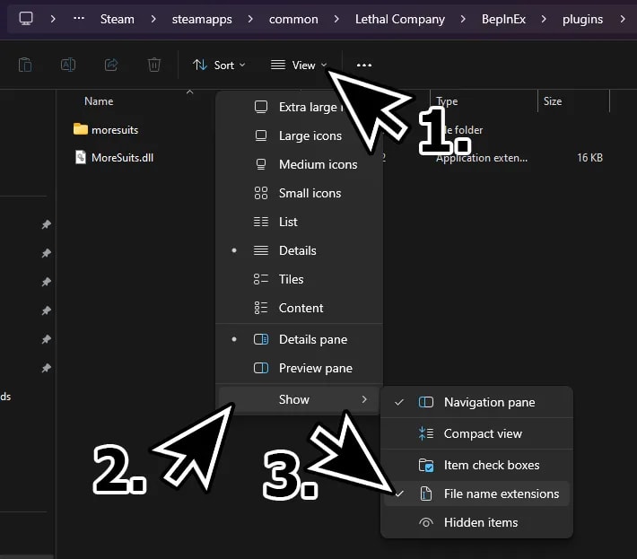 Screenshot showing the file explorer interface within the 'BepInEx > plugins' folder for the 'Lethal Company' game directory on Steam. This image captures the 'MoreSuits' mod installation, featuring a folder and a 'MoreSuits.dll' file. The screenshot illustrates the user interaction with the 'View' menu, with arrows pointing to options for changing view settings, toggling visibility settings under 'Show', and enabling 'File name extensions' to manage and verify mod installations effectively.