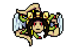 Pixel art of anaAngel like boss with a big head, 3 legs and 2 wings from Vampire Survivors called Trinacria