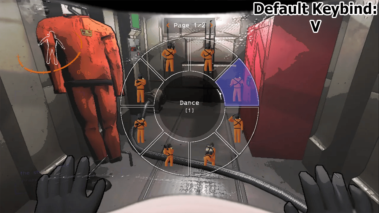 In-game screenshot showing a first-person view of an emote wheel interface from the 'LateCompany' mod, set in a spacecraft environment. The wheel is divided into segments, each depicting different poses of an avatar in an orange jumpsuit, with the selected emote labeled 'Dance'. An orange arrow points to this selection. The backdrop features a cluttered corridor of the spacecraft, enhancing the game's immersive setting. Text on the right side indicates 'Default Keybind: V' for activating the emote wheel.