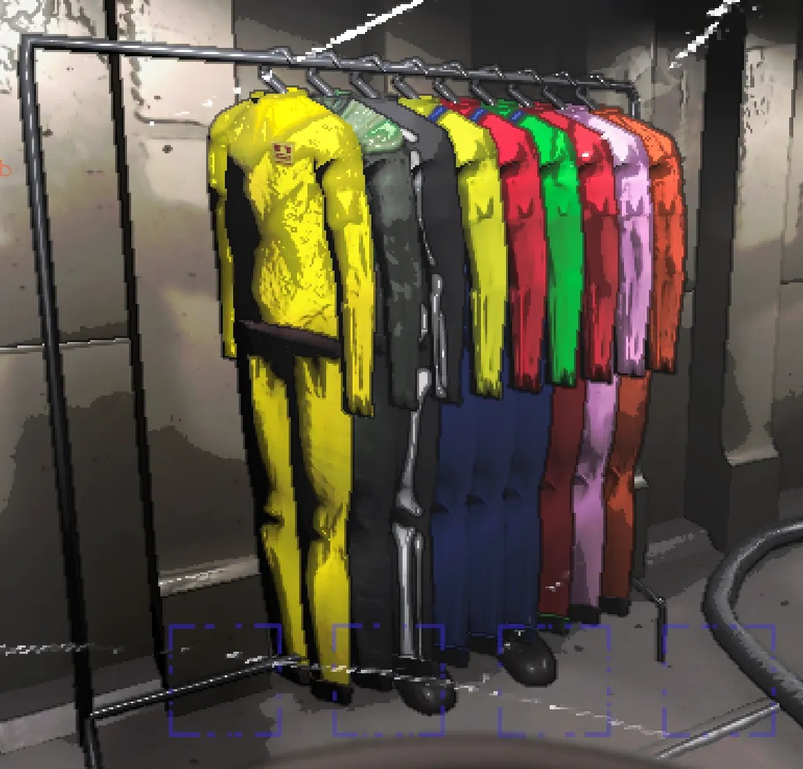 In-game screenshot displaying a variety of colored space suits hanging on a rack in a cluttered spaceship environment. The suits range in color from yellow at the far left to deep blue and purple on the right, with other colors like red, green, and orange in between. Each suit features unique detailing, such as patches and symbols, signifying customization options for player avatars in the game.