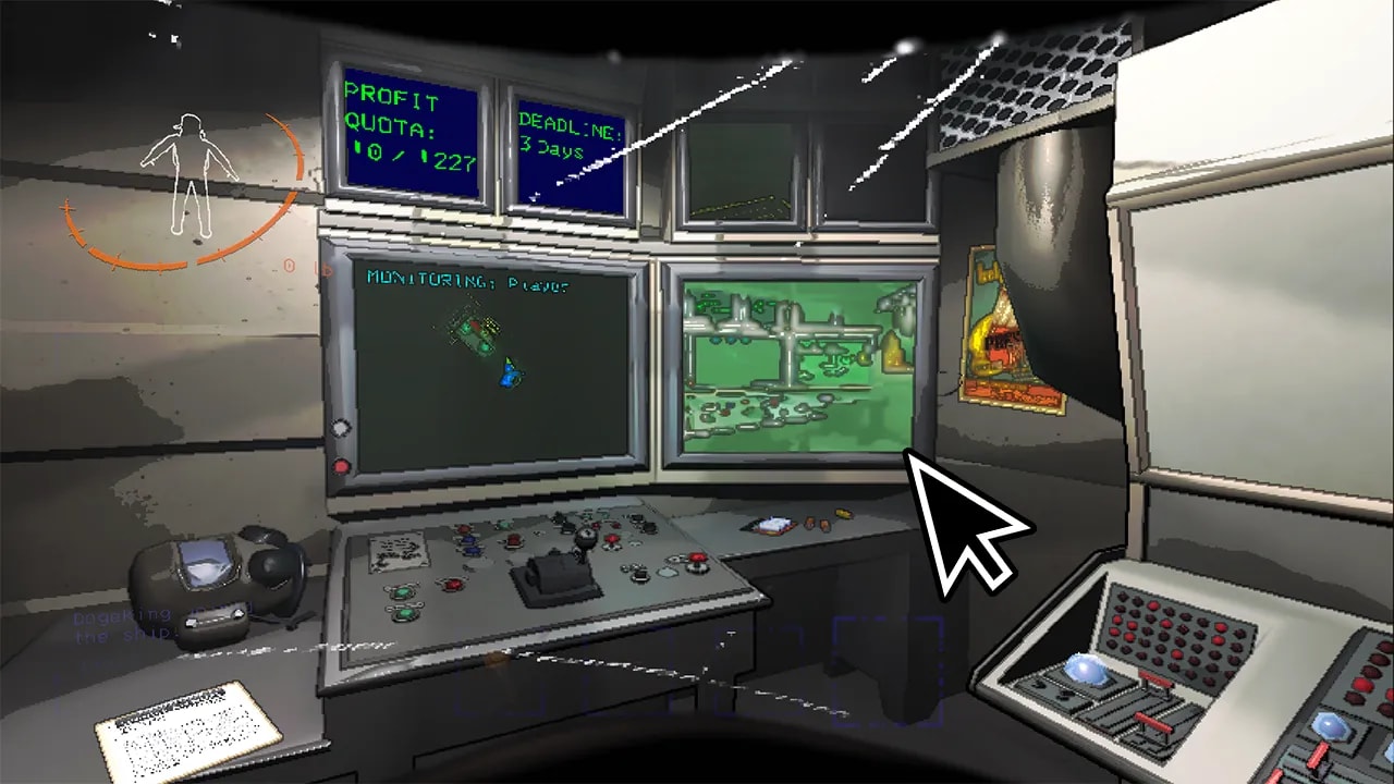 First-person view inside a video game's spaceship control room, displaying multiple operational monitors and control panels. The main console includes a radar screen monitoring space debris, a digital display showing a 'Profit Quota' of 10 out of 227, and a deadline counter set at '3 Days'. A fourth screen, highlighted by the cursor, shows a POV display of another player, providing a live feed of their activity. The detailed environment features realistic metallic textures and sophisticated control interfaces, enriching the immersive space simulation experience.