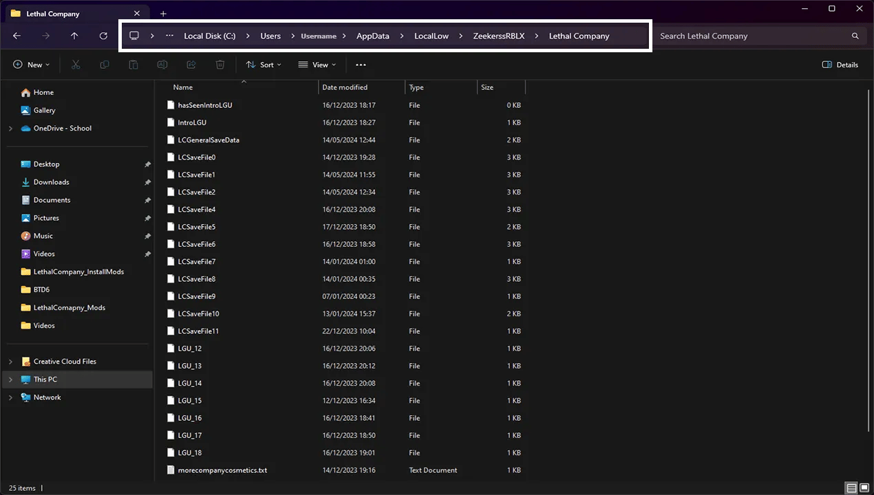 Screenshot of a file directory for 'Lethal Company' located in the AppData folder on a Windows computer. The directory lists multiple files primarily named 'LCSaveFile' followed by sequential numbers and 'LGU_' prefixes, each file varying slightly in size from 1 KB to 3 KB, indicating save game data. The directory is viewed through the Windows File Explorer, which allows sorting and viewing details such as name, date modified, type, and size.