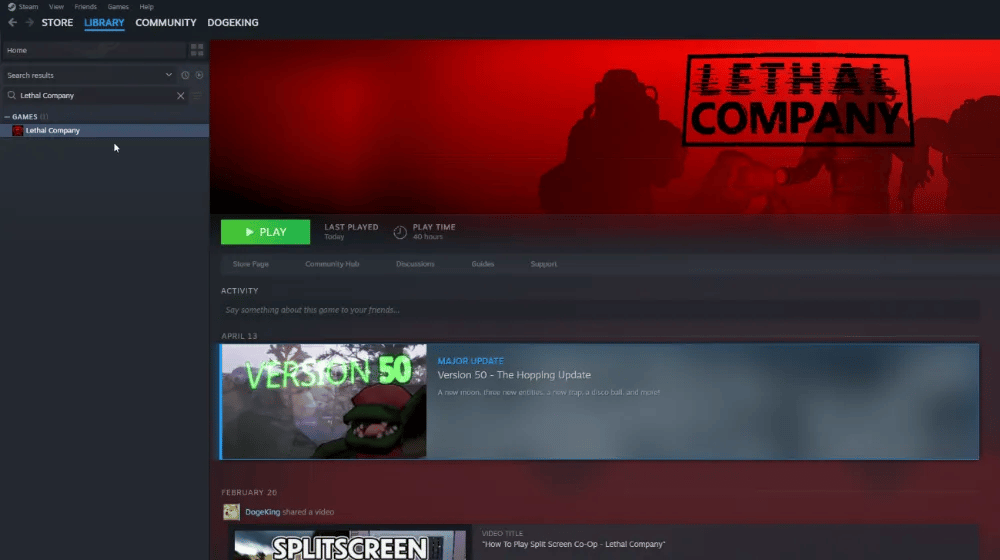 Animated WebP displaying the process of navigating the Steam platform to access and verify the game files for 'Lethal Company'. The animation shows opening the Steam library, selecting 'Lethal Company' from the list, and then using the Steam interface to perform a file verification task. The game's main page is highlighted with a large, bold 'LETHAL COMPANY' title set against a dynamic red backdrop featuring silhouetted characters, which serves as the game's header image.