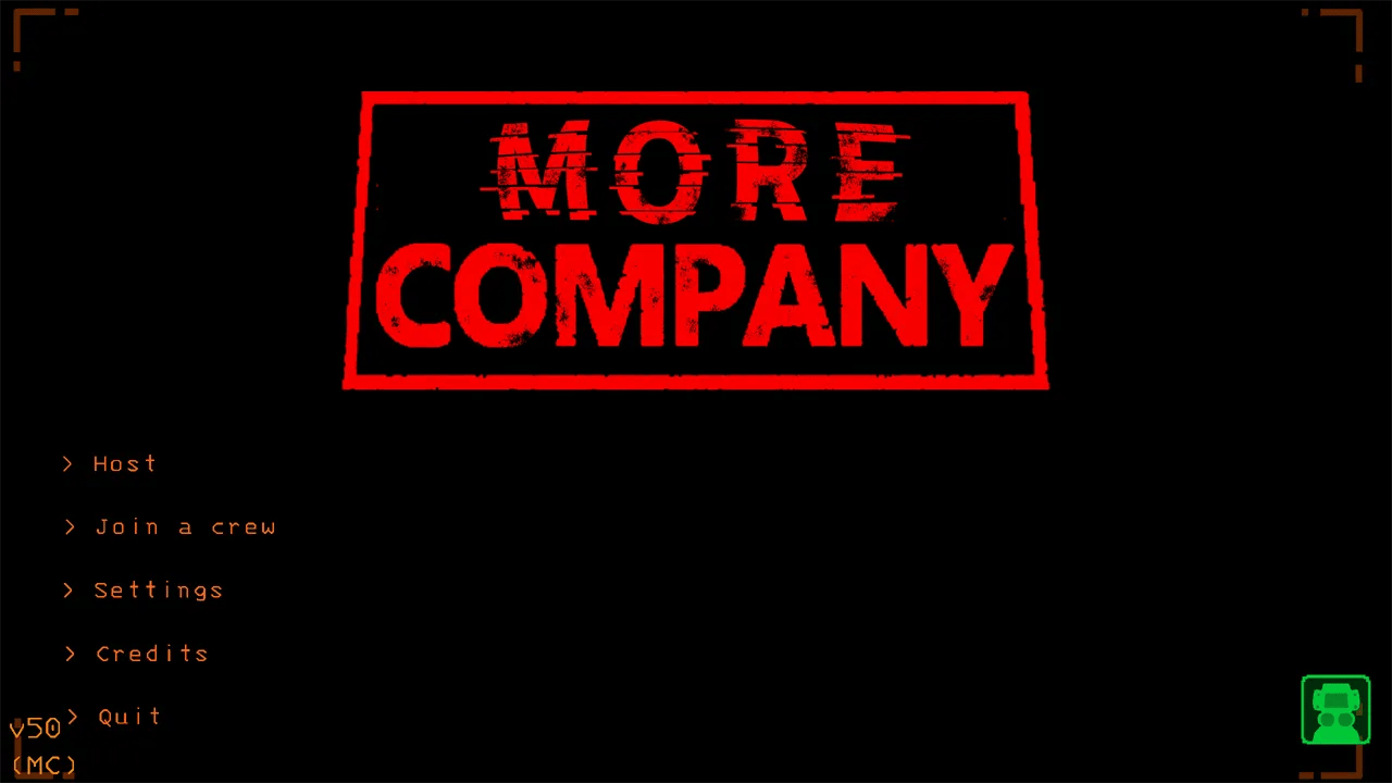 Main menu screen of the mod 'More Company' featuring a stark, minimalist design with red text on a black background. The options displayed are 'Host', 'Join a crew', 'Settings', 'Credits', and 'Quit', with a distinctive 'MORE COMPANY' title at the top. A small green icon in the bottom right corner is used for selecting skins.