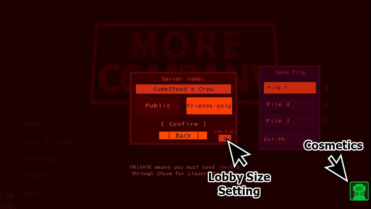 Screenshot from the 'More Company' mod's main menu in a video game, featuring a server setup interface with deep red and orange tones. The menu includes options for naming the server 'GameSteed's Crew', setting it to public or friends-only, and a lobby size setting adjusted to 8 players. Additionally, a sidebar shows save file options labeled 'File 1', 'File 2', and 'File 3'. Icons and labels such as 'Cosmetics' and 'Lobby Size Setting' hint at further customization features available within the game.