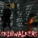 Icon for the 'Skinwalkers' mod featuring a dark, eerie scene with two figures: one in the foreground clad in an orange suit and another, more menacing figure in the background with a shadowy appearance. A speaker icon in the upper left corner suggests audio elements are significant in this mod. The title 'Skinwalkers' is prominently displayed at the bottom, set against a background that evokes a tense, suspenseful atmosphere suitable for the horror theme of the mod.