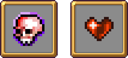 Pixelated art of a skull with a purple glow around it, inside of a golden frame with a grey background, next to it, is a pixelated red heart inside a golden frame with a gray background, both are passive items from the game 'Vampire Survivors' called Skull O'Maniac and Pummarola