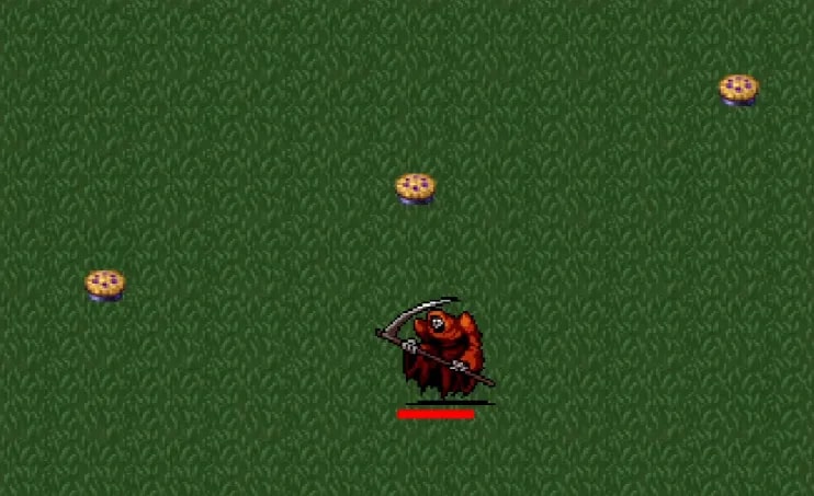 Screenshot from the game 'Vampire Survivors' on the stage Mad Forest. It is almost entirely a grassy pattern pixel art, with 3 pies creating a trail and underneath them is the character Red Death that looks like a red Grim Reaper