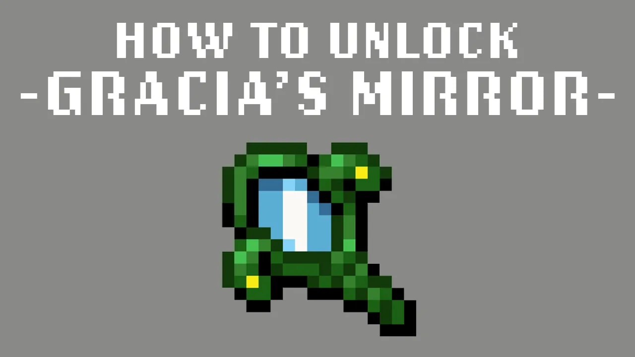 Pixel art graphic showing how to unlock 'Gracia's Mirror' in the game Vampire Survivors. The image features a stylized pixelated green fancy mirror with the title 'How to Unlock -Gracia's Mirror-' in large white pixel font on a grey background.