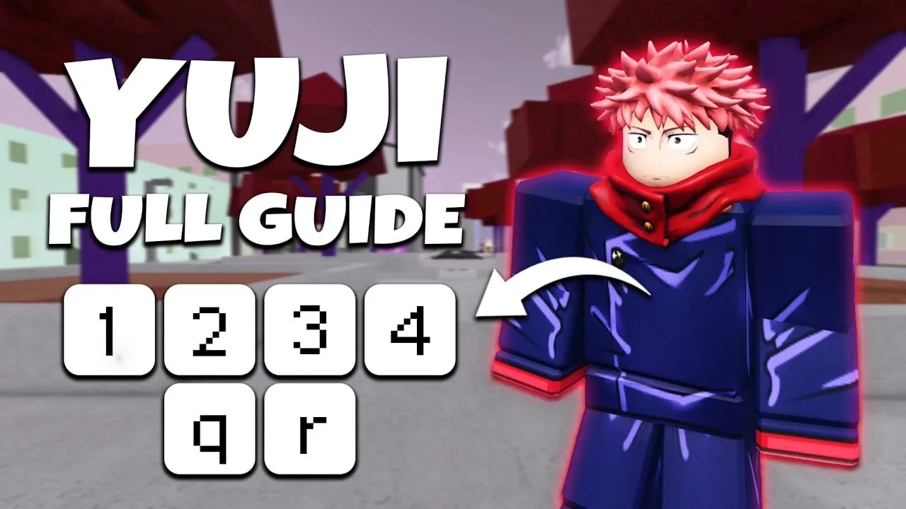 Thumbnail for a 'Jujutsu Shenanigans' Roblox game guide, featuring Yuji, a character inspired by 'Jujutsu Kaisen.' He is displayed with spiky pink hair, dressed in a dark blue jacket with red accents. The image includes the text 'YUJI FULL GUIDE' and game controls '1 2 3 4 q r', set against a cartoon-style cityscape with purple and red buildings.