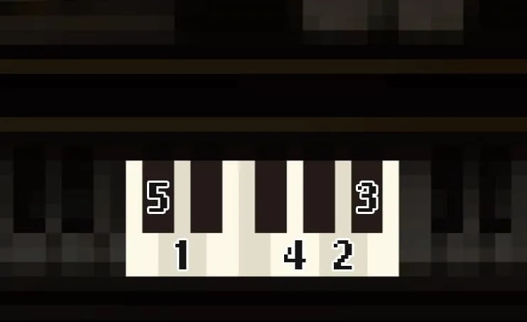 A section of a piano keyboard from the game Vampire Survivors, showing five black keys and seven white keys with numbers and labels: '5' on the first black key, '3' on the fifth black key, and '1', '4', '2' on three of the white keys below.