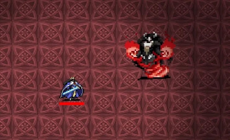 A battle scene from Vampire Survivors, featuring a small blue-armored character wielding a sword also known as Queen Sigma, facing off against a larger red and black demon with red energy swirling around its hands. known as Avatar Infernas