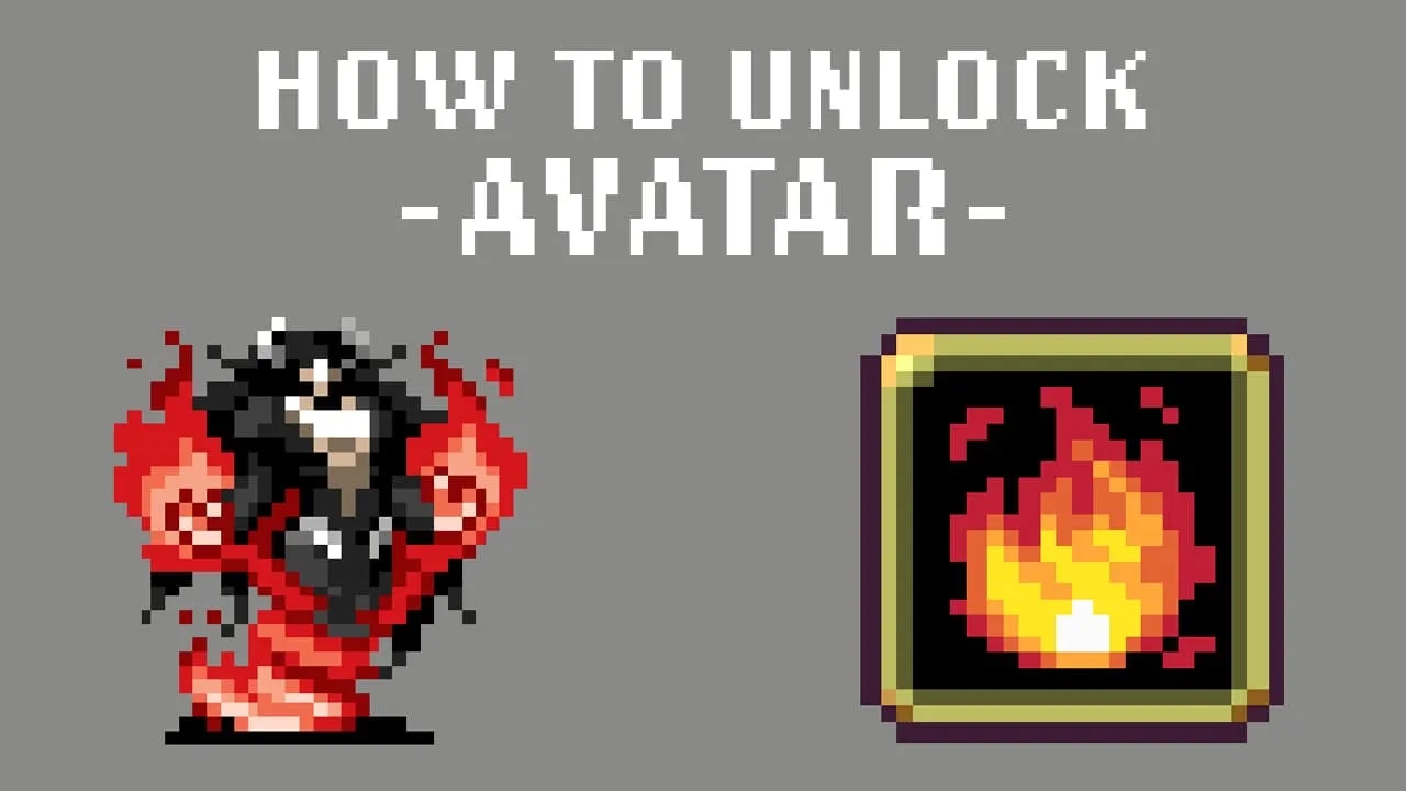 Pixel art graphic showing how to unlock 'Avatar' in the game Vampire Survivors. The image features a stylized pixelated red and black demon with red energy swirling around its hands displayed in a golden-framed book on the right, with the title 'How to Unlock -Avatar-' in large white pixel font on a grey background.