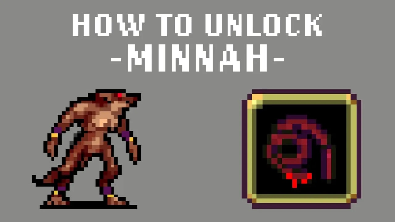 Pixel art graphic showing how to unlock 'Minnah' in the game Vampire Survivors. The image features a stylized pixelated werewolve displayed in a golden-framed book on the right, with the title 'How to Unlock -Minnah-' in large white pixel font on a grey background.