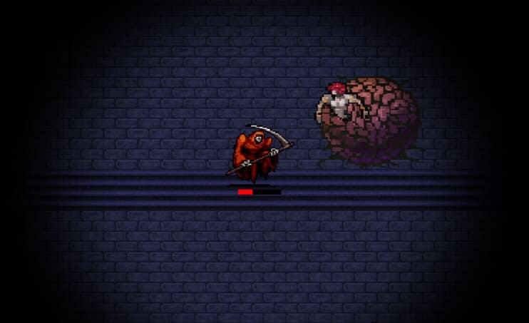 Screenshot from the game 'Vampire Survivors'. The character ' Red Death' is playing on the map Gallo Tower, which has as blueish purple stone floor. The edges of the screenshot are entirely dark, implying that the it's dark. Next to Red Death stands the secret boss Leda.