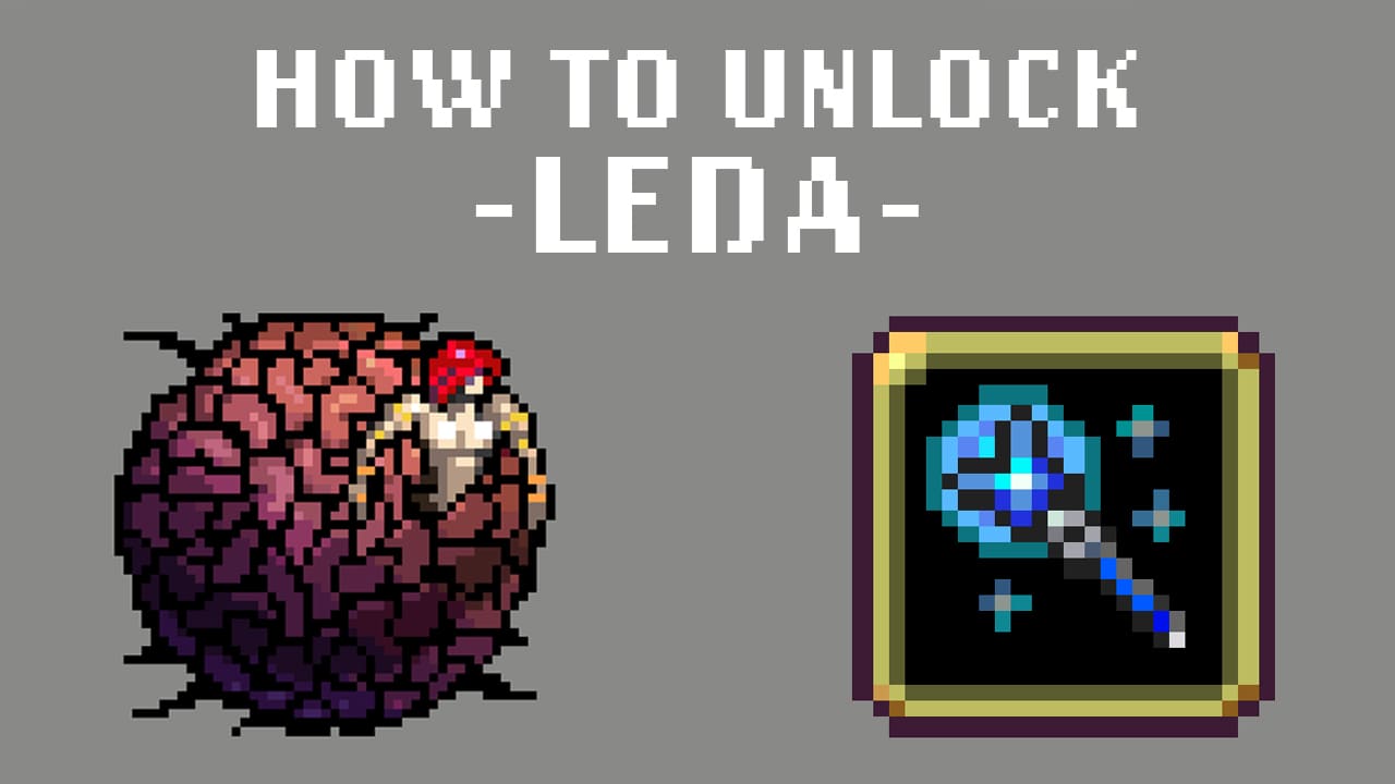 Pixel art graphic showing how to unlock 'Leda' in the game Vampire Survivors. The image features a stylized pixelated giant ball of flesh, out of which a persons upper body is sticking, displayed in a golden-framed book on the right, with the title 'How to Unlock -Leda-' in large white pixel font on a grey background.