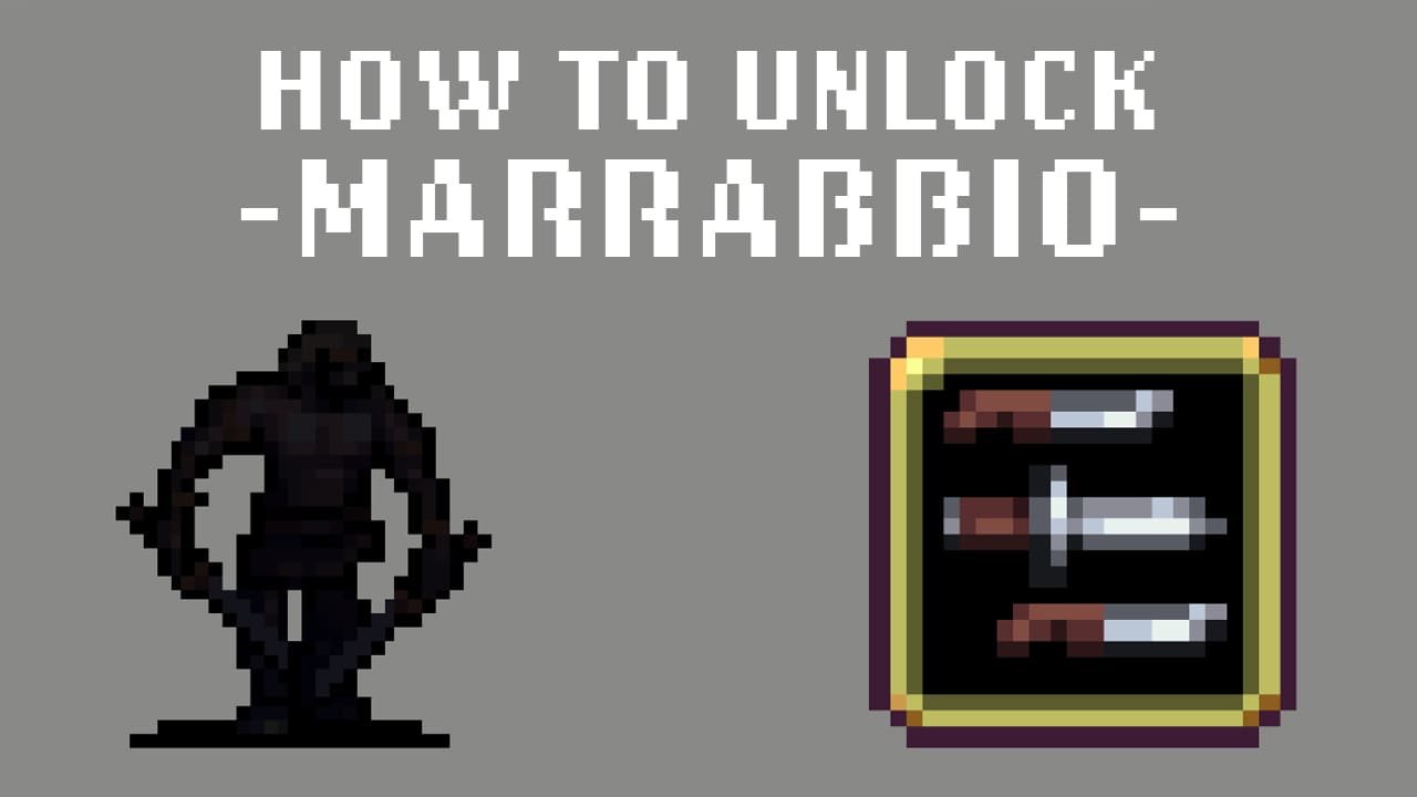 Pixel art graphic showing how to unlock 'Marrabbio' in the game Vampire Survivors. The image features a stylized pixelated black shadowy man wielding two swords, one in each hand displayed in a golden-framed book on the right, with the title 'How to Unlock -Marrabbio-' in large white pixel font on a grey background.