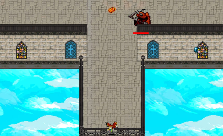 Screenshot from the game Vampire survivors on the stage Capella Magna, the character Red Mask is standing next to the balcony where the player can pick up the secret character Cosmo Pavone