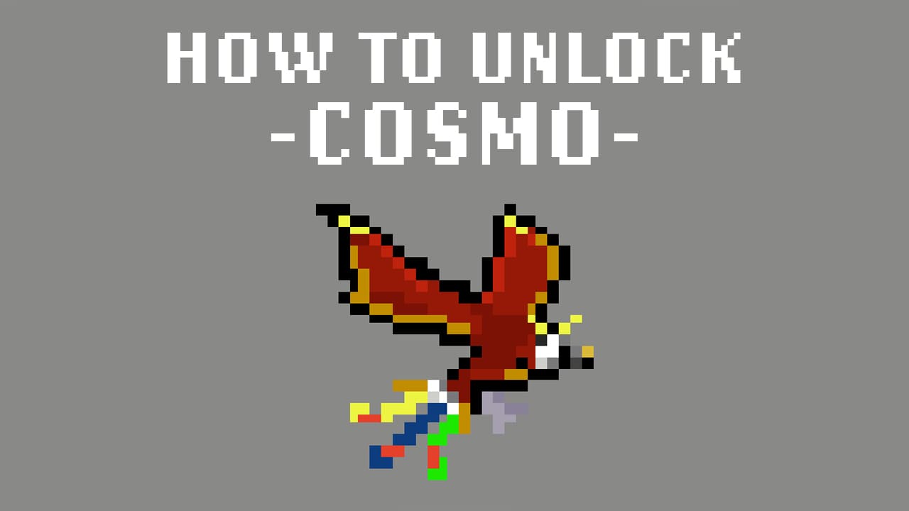 Pixel art graphic showing how to unlock 'Cosmo' in the game Vampire Survivors. The image features a stylized pixelated red bird with a rainbow coloured tail, displayed in a golden-framed book on the right, with the title 'How to Unlock -Cosmo-' in large white pixel font on a grey background.