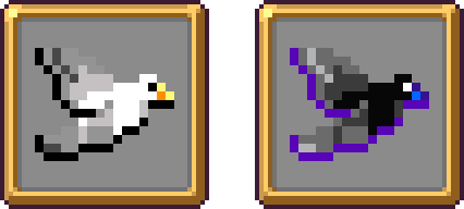 Pixelated icons for the weapons Peachone and Ebony Wings form Vampire survivors. Peachone is a white grey bird and Ebony Wings is a black grey bird with a purple glow