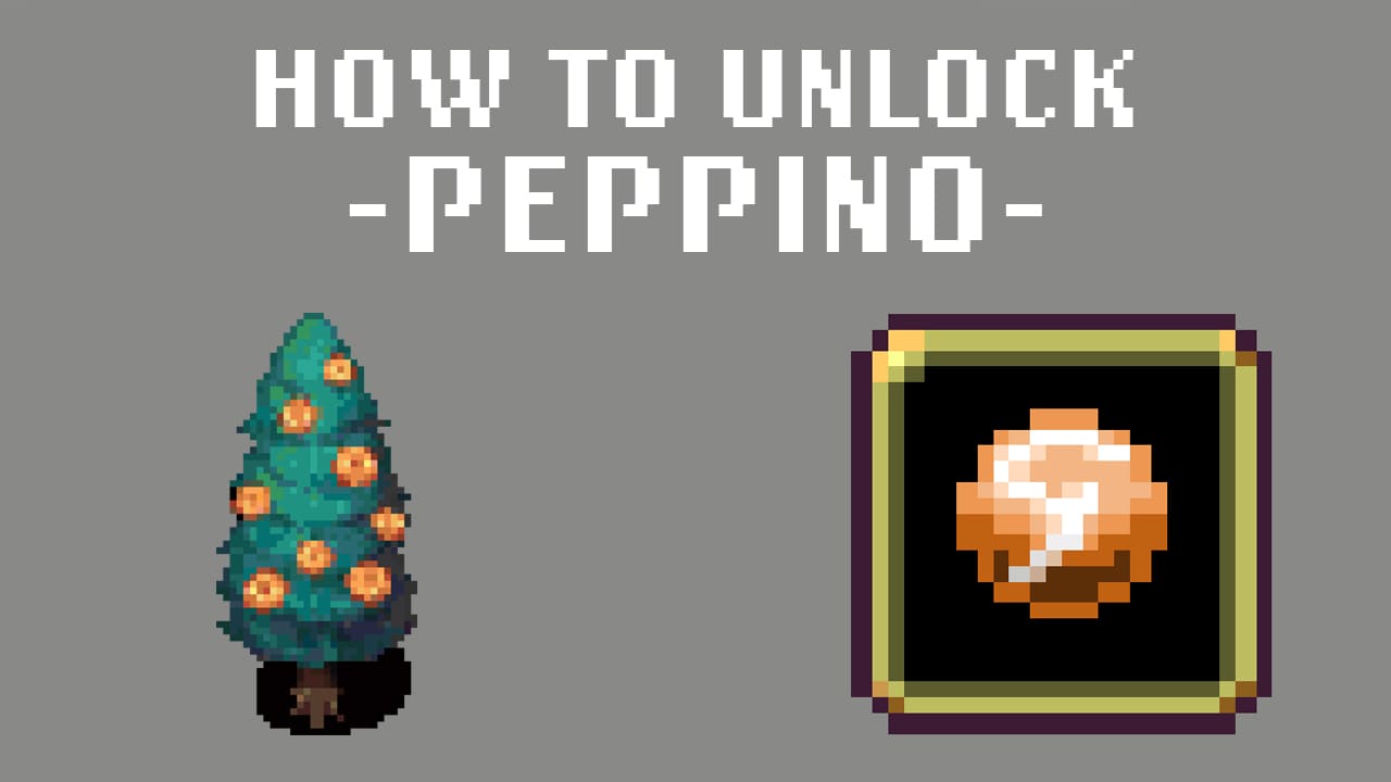 Pixel art graphic showing how to unlock 'Peppino' in the game Vampire Survivors. The image features a stylized pixelated green tree with orange fruits growing out of it, displayed in a golden-framed book on the right, with the title 'How to Unlock -Peppino-' in large white pixel font on a grey background.