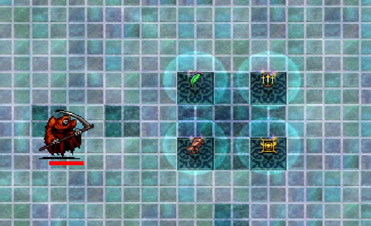 A screenshot from the video game 'Vampire Survivors' showing the character Red Mask on the map Moongolow next to four of the stage items