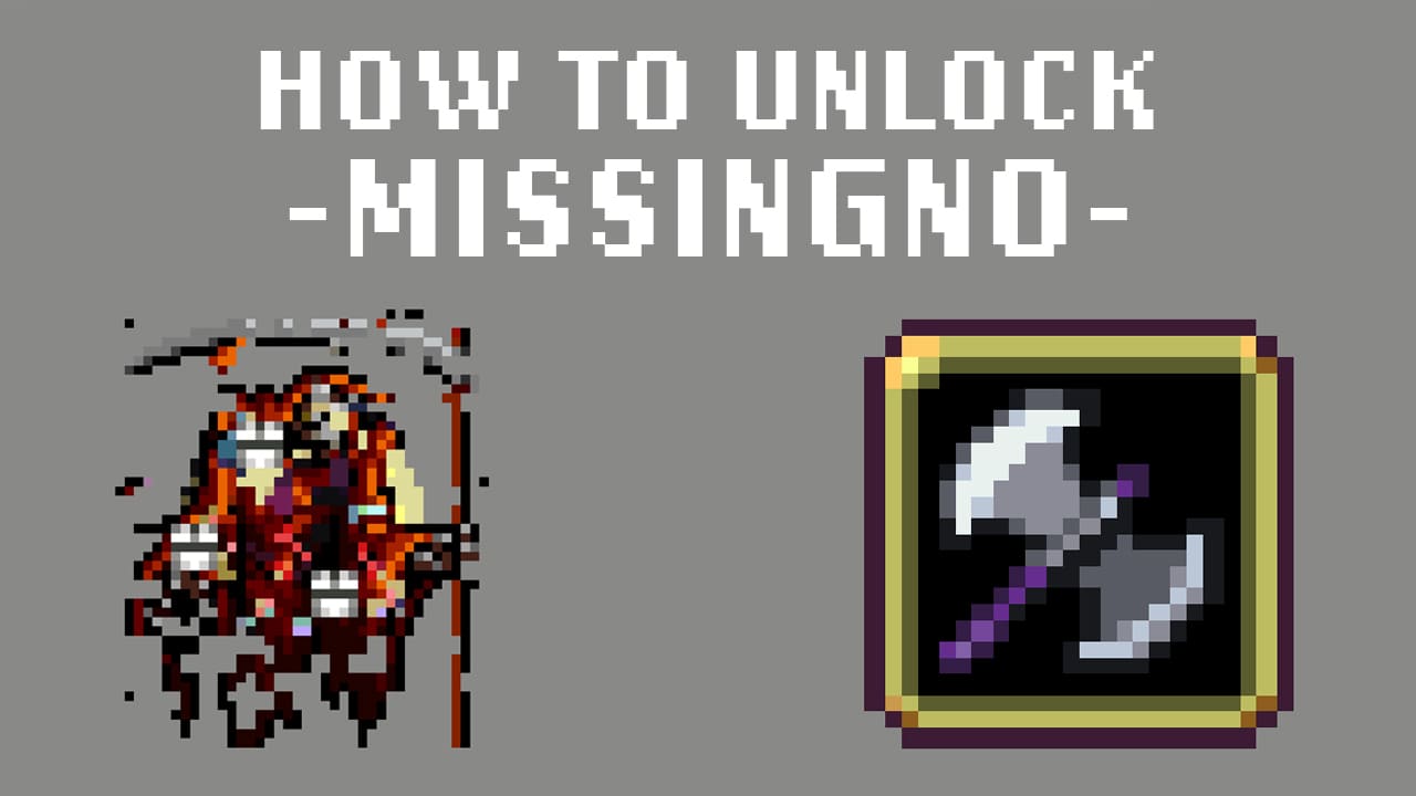 Pixel art graphic showing how to unlock 'MissingNO' in the game Vampire Survivors. The image features a stylized pixelated glitched red Grim Reaper, displayed in a golden-framed book on the right, with the title 'How to Unlock -MissingNO-' in large white pixel font on a grey background.